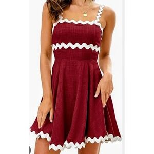 Shy Velvet Red White Scallop Trim Back Zip Flirty Short Linen Blend Dress Size M